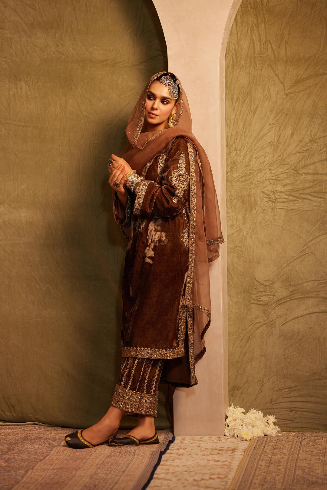 Hazelnut Brown Embellished Kurta with Palazzo Pants & Dupatta Set