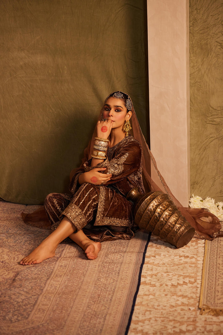 Hazelnut Brown Embellished Kurta with Palazzo Pants & Dupatta Set