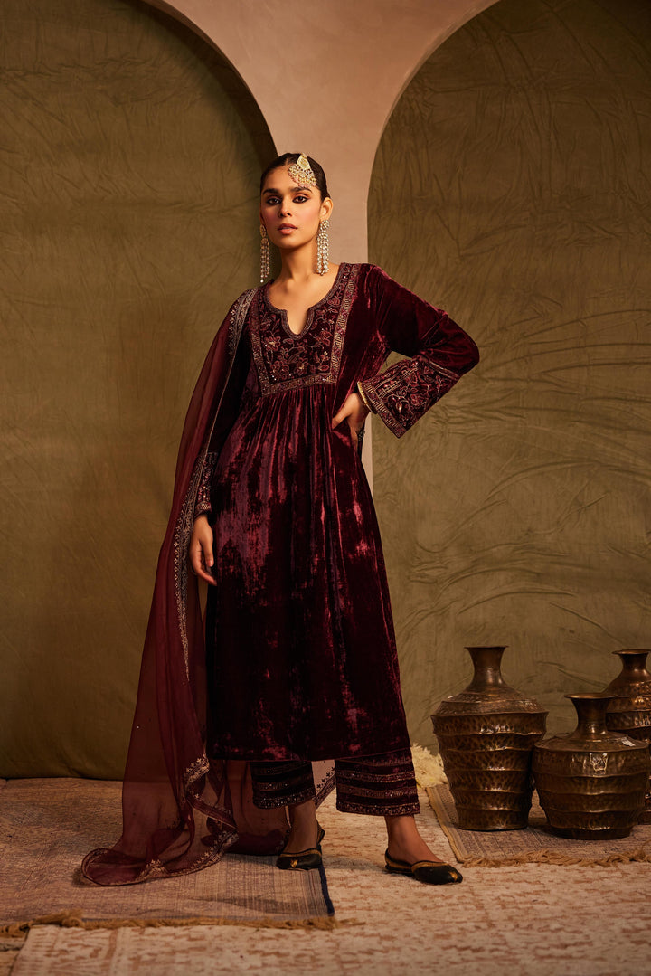 Hand Embellished Wine Kurta with Palazzo & Dupatta Set