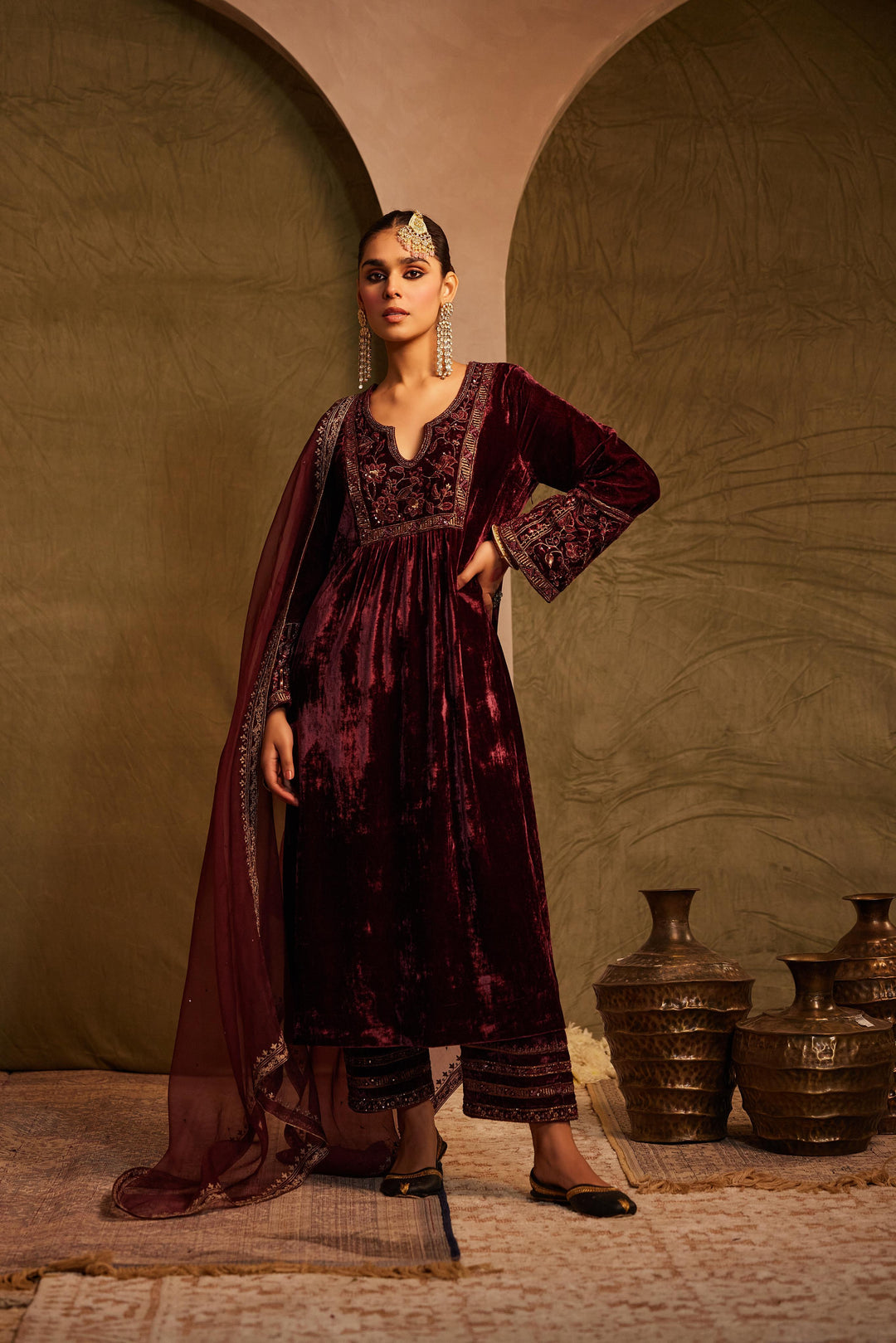 KOMAL KAPOOR- Hand Embellished Wine Kurta with Palazzo & Dupatta Set