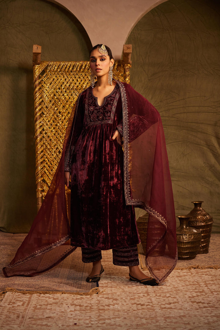 Hand Embellished Wine Kurta with Palazzo & Dupatta Set