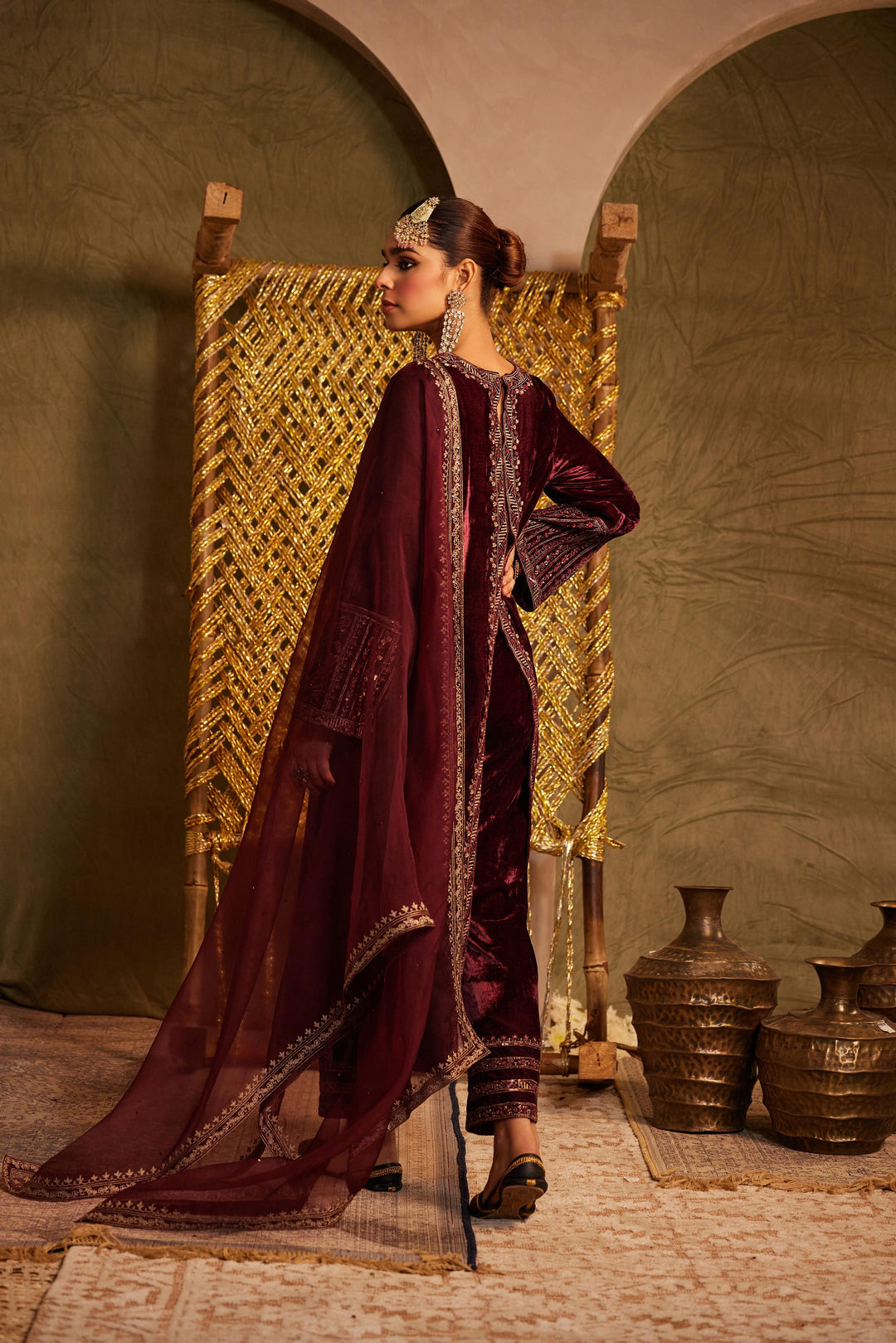 Hand Embellished Wine Kurta with Palazzo & Dupatta Set