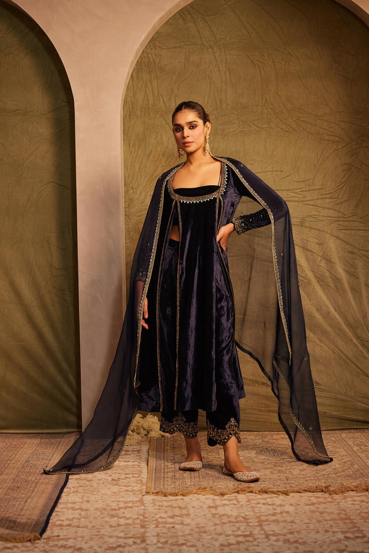 Midnight Blue side slit Kurta with Bustier,  Palazzo & Dupatta Set