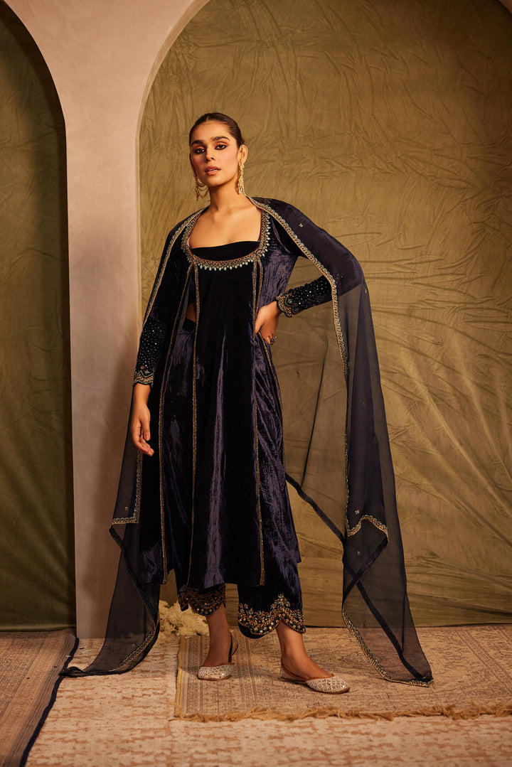 Midnight Blue side slit Kurta with Bustier,  Palazzo & Dupatta Set