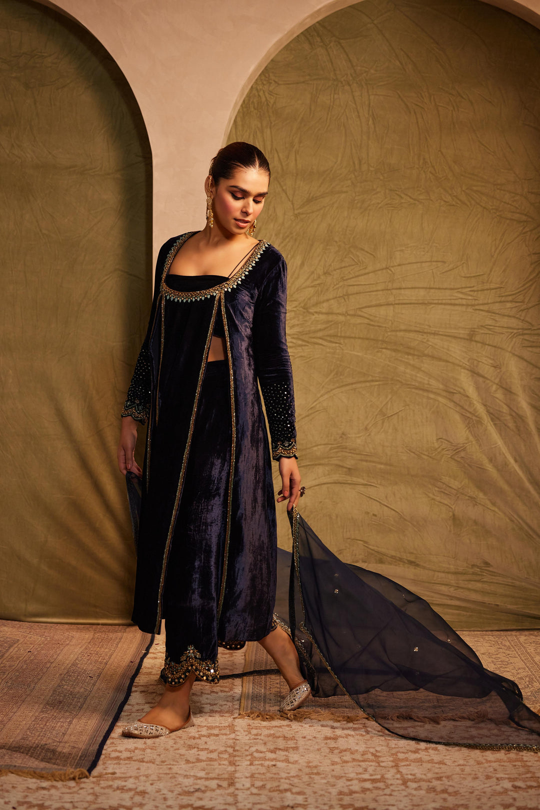 Midnight Blue side slit Kurta with Bustier,  Palazzo & Dupatta Set