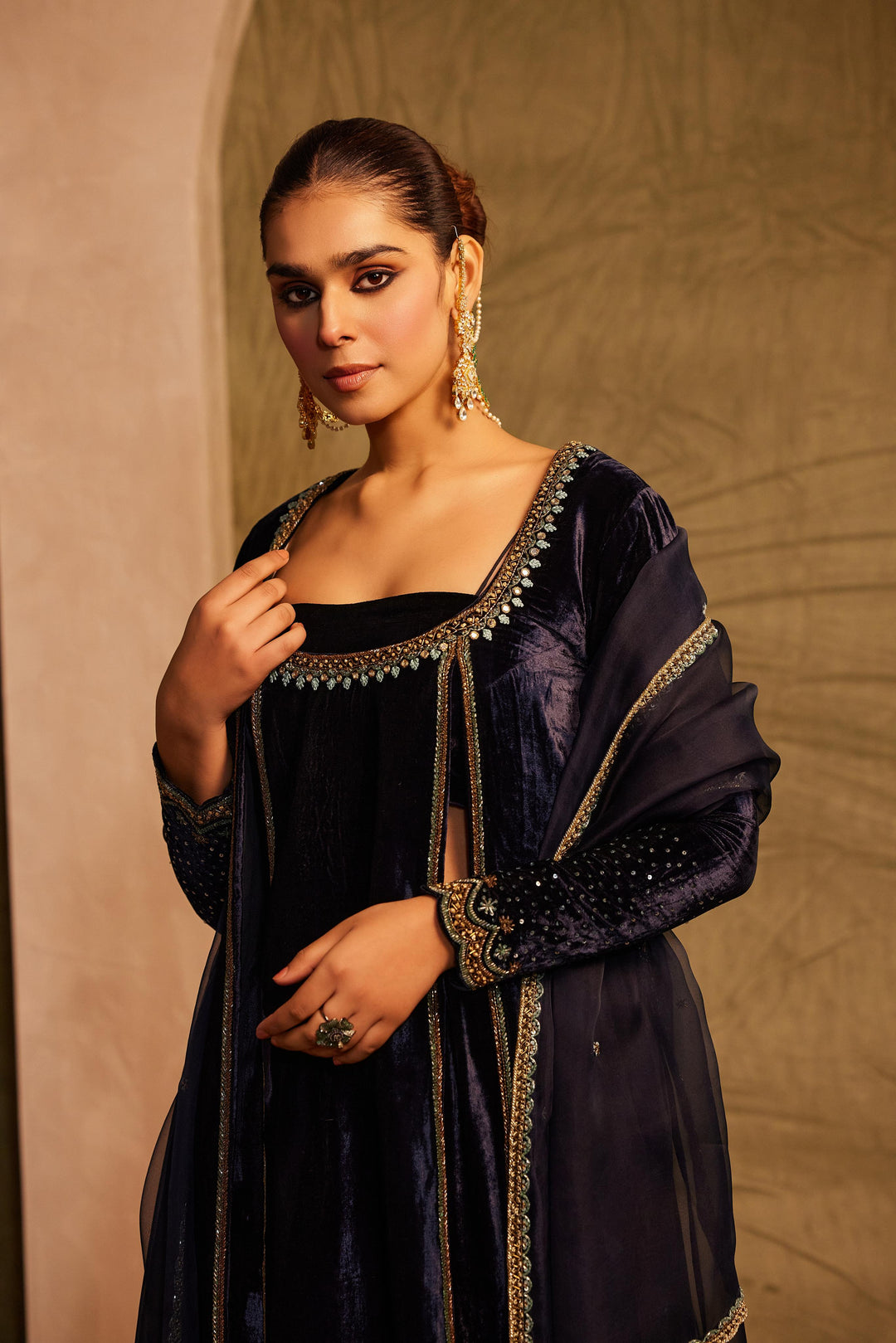 Midnight Blue side slit Kurta with Bustier,  Palazzo & Dupatta Set