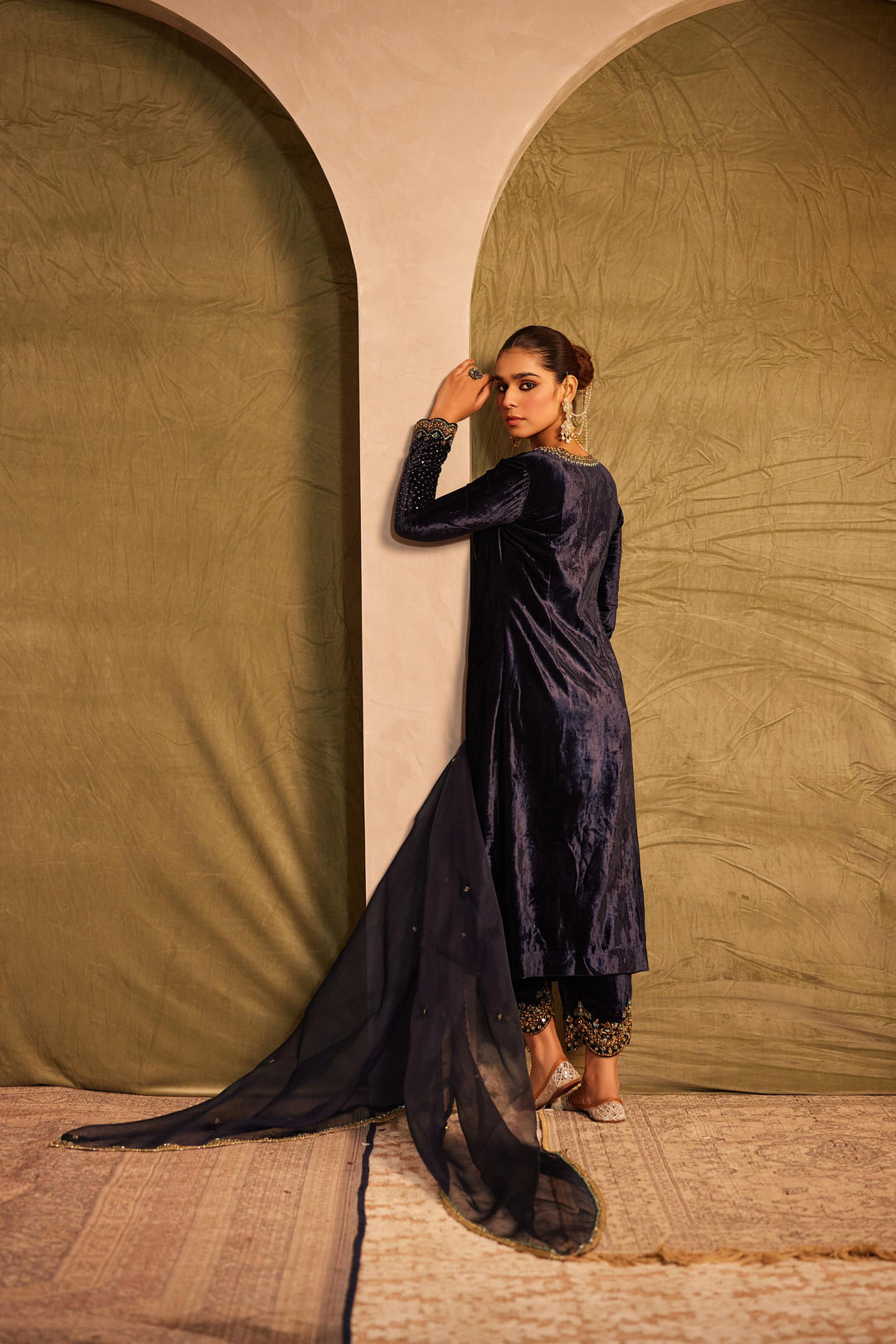 Midnight Blue side slit Kurta with Bustier,  Palazzo & Dupatta Set