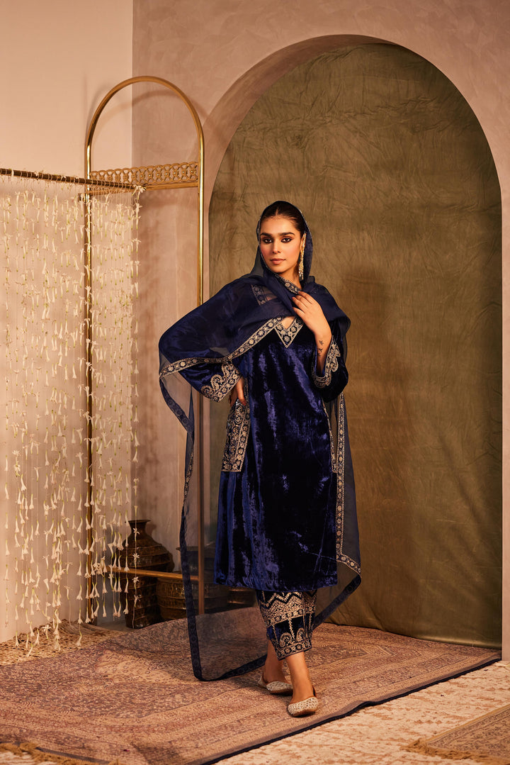 Midnight Blue Silk Velvet Kurta with Palazzo & Dupatta