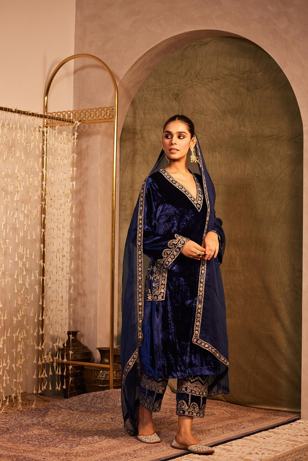 Midnight Blue Silk Velvet Kurta with Palazzo & Dupatta