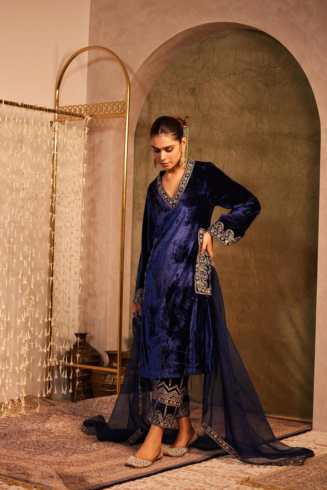 Midnight Blue Silk Velvet Kurta with Palazzo & Dupatta