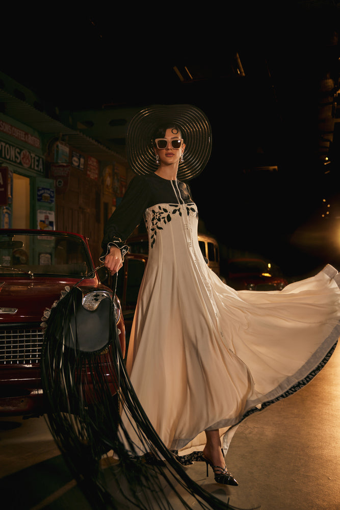 Full sleeve black and white flared floor length dress