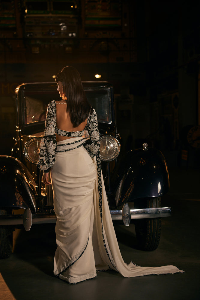 White saree with black blouse