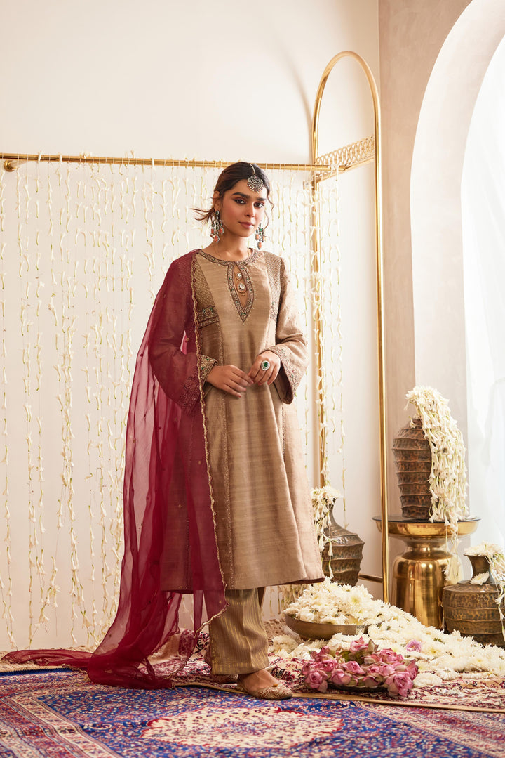 Beige Embellished Kalidaar Kurta with Palazzo & Dupatta Set