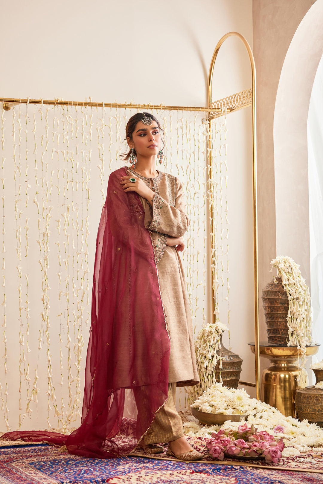 Beige Embellished Kalidaar Kurta with Palazzo & Dupatta Set