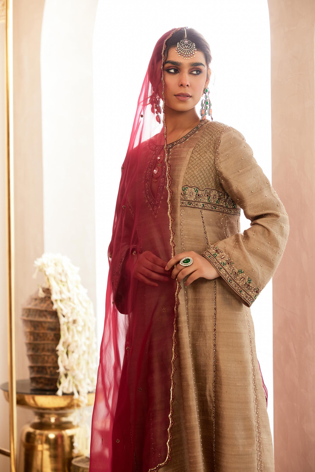 Beige Embellished Kalidaar Kurta with Palazzo & Dupatta Set