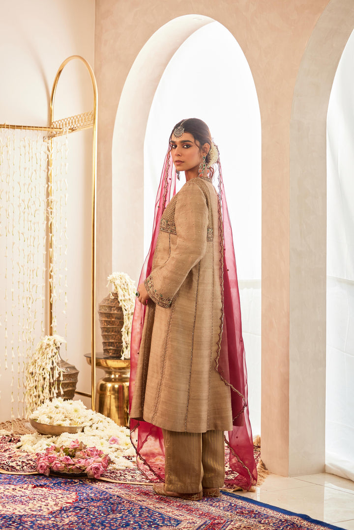 Beige Embellished Kalidaar Kurta with Palazzo & Dupatta Set